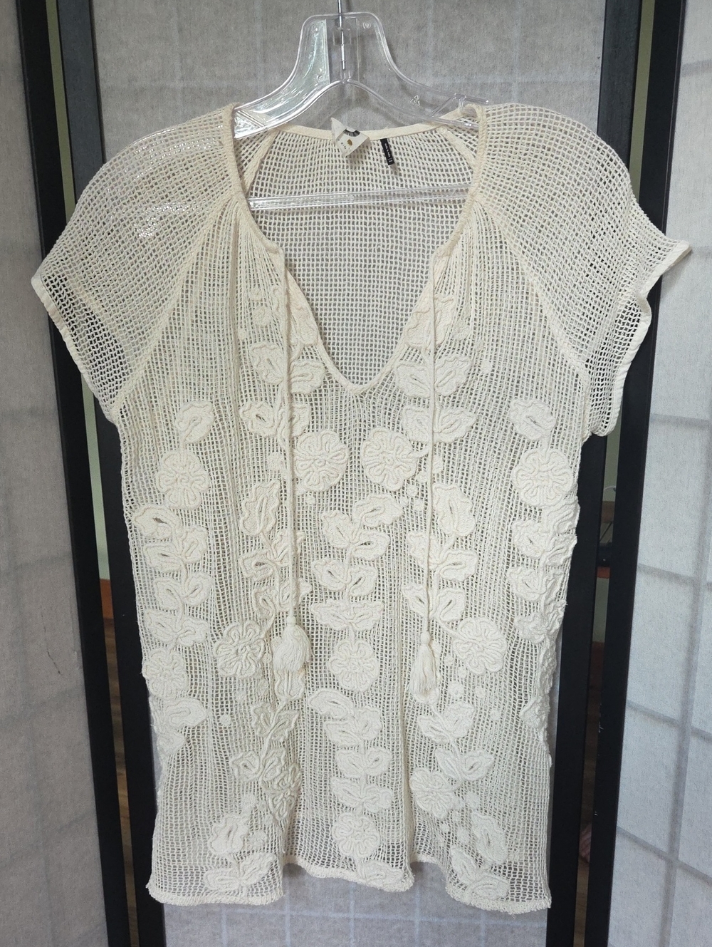 Boho 100% Cotton Open-Knit Crochet Floral Tunic Top Cover-Up with Tassels